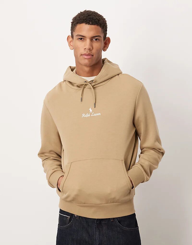 

Толстовка с капюшоном Polo Ralph Lauren с центральным логотипом и надписью "значок" бежевого цвета из джерси двойной вязки