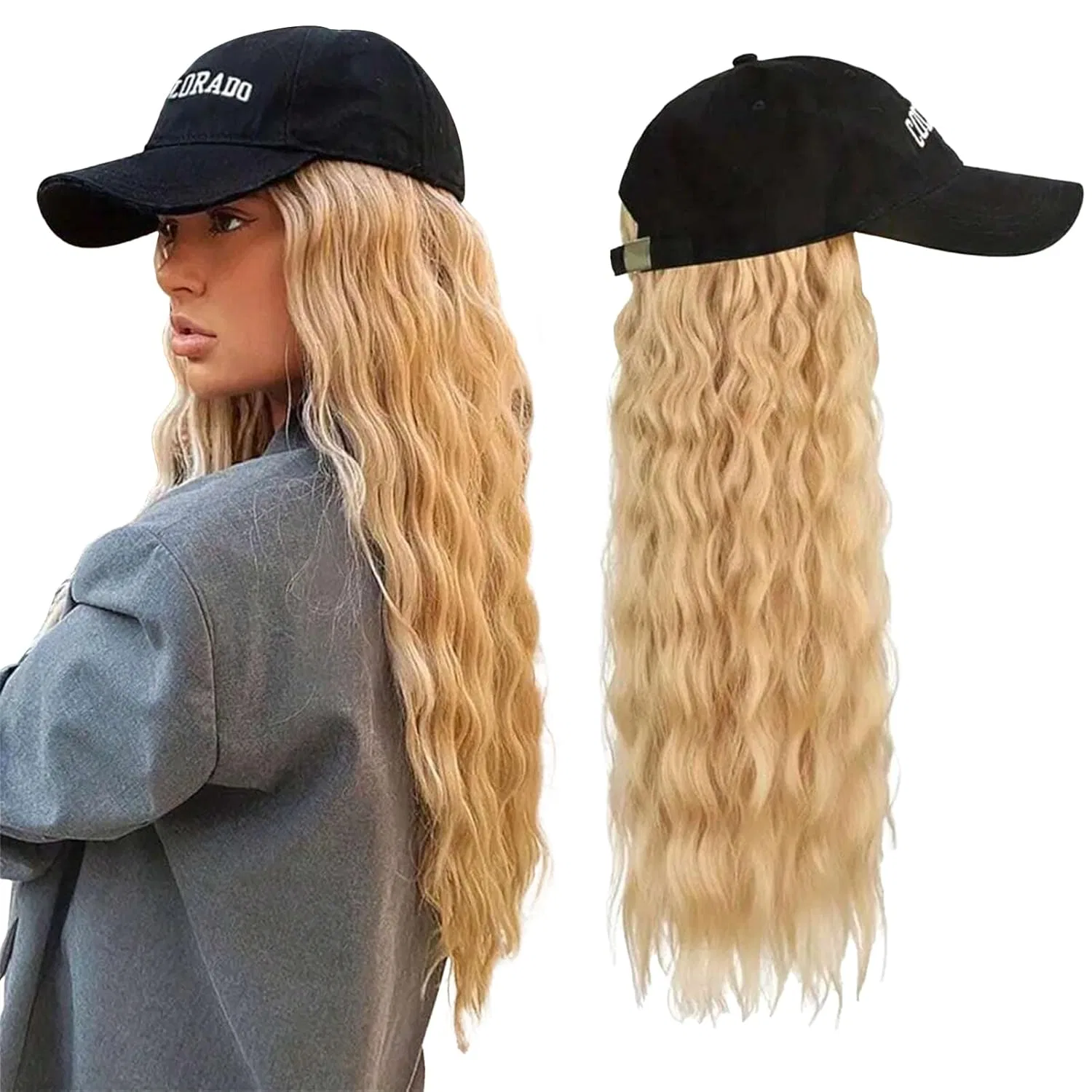 Женский парик блонд с бейсболкой, длинный, волнистый Ausing, Black-Blonde