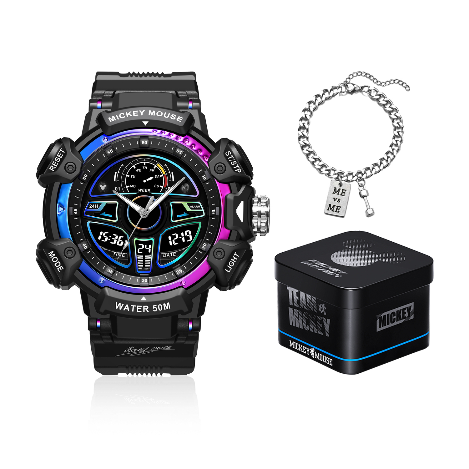 

Disney Часы Mickey Series Electronic Movement Rubber Strap Watch Men's Watch Black Dial, Racing Dashboard-Dazzling Purple Color[Brand Black Iron Box+Shopping Bag Included]