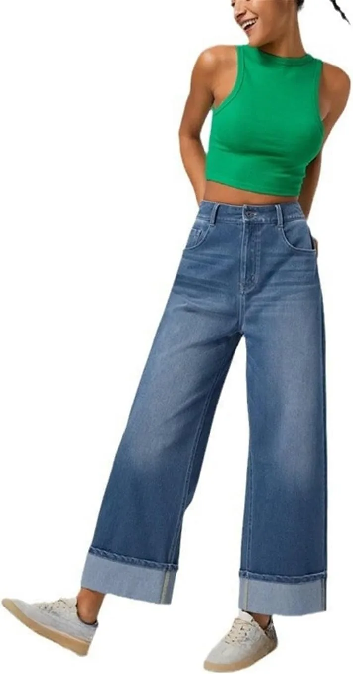 Женские джинсы High Waisted Stretchy Cuffed Wide Leg — фото 4