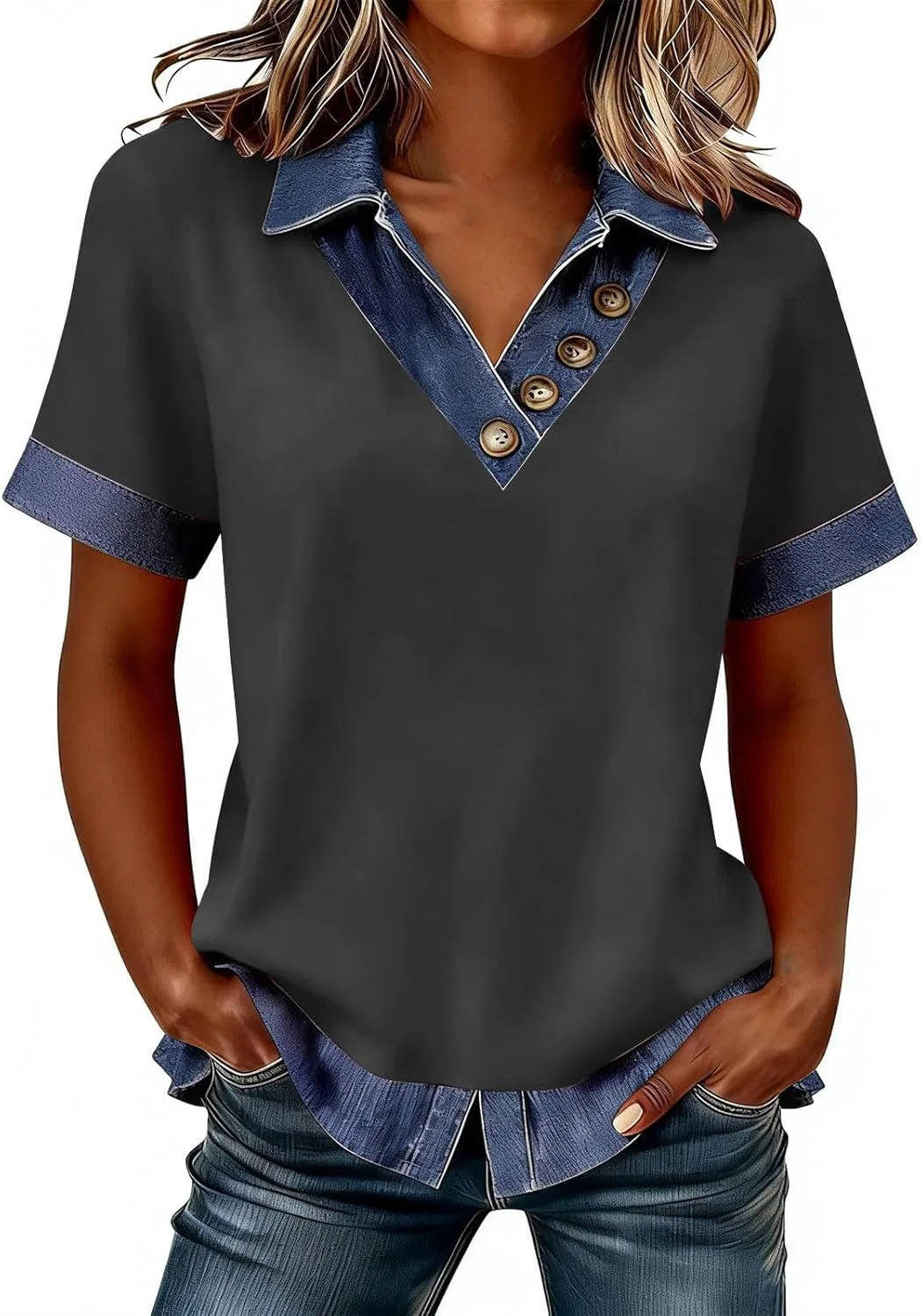 Блуза джинсовая с коротким рукавом, женская, повседневная, N004- Dark Gray