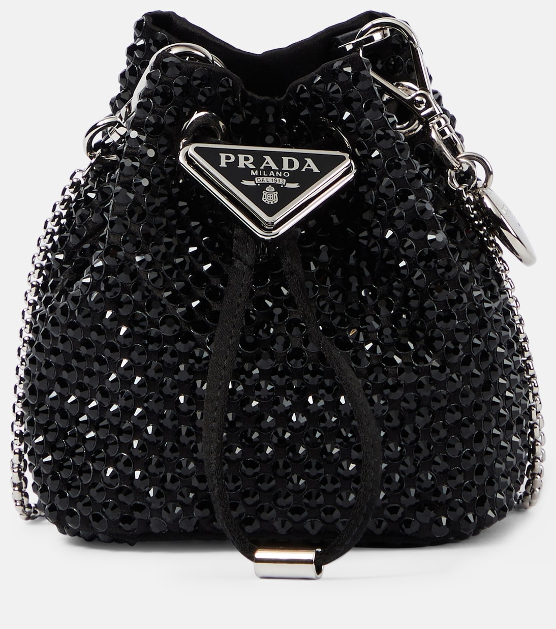 

Миниатюрная декорированная атласная сумка-ведро Prada, черный