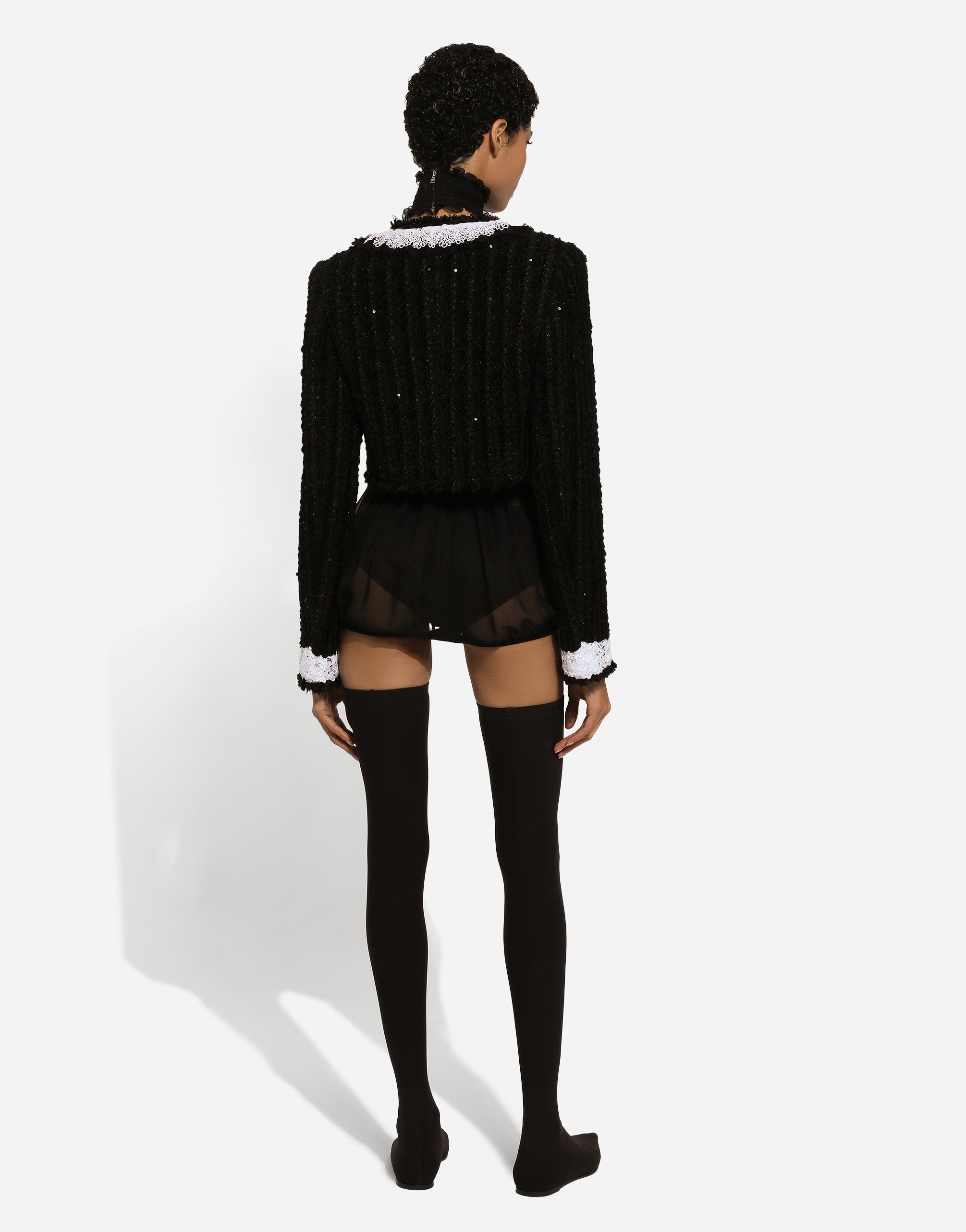Короткий твидовый жакет с отделкой микро-пайетками Dolce & Gabbana, черный — фото 4