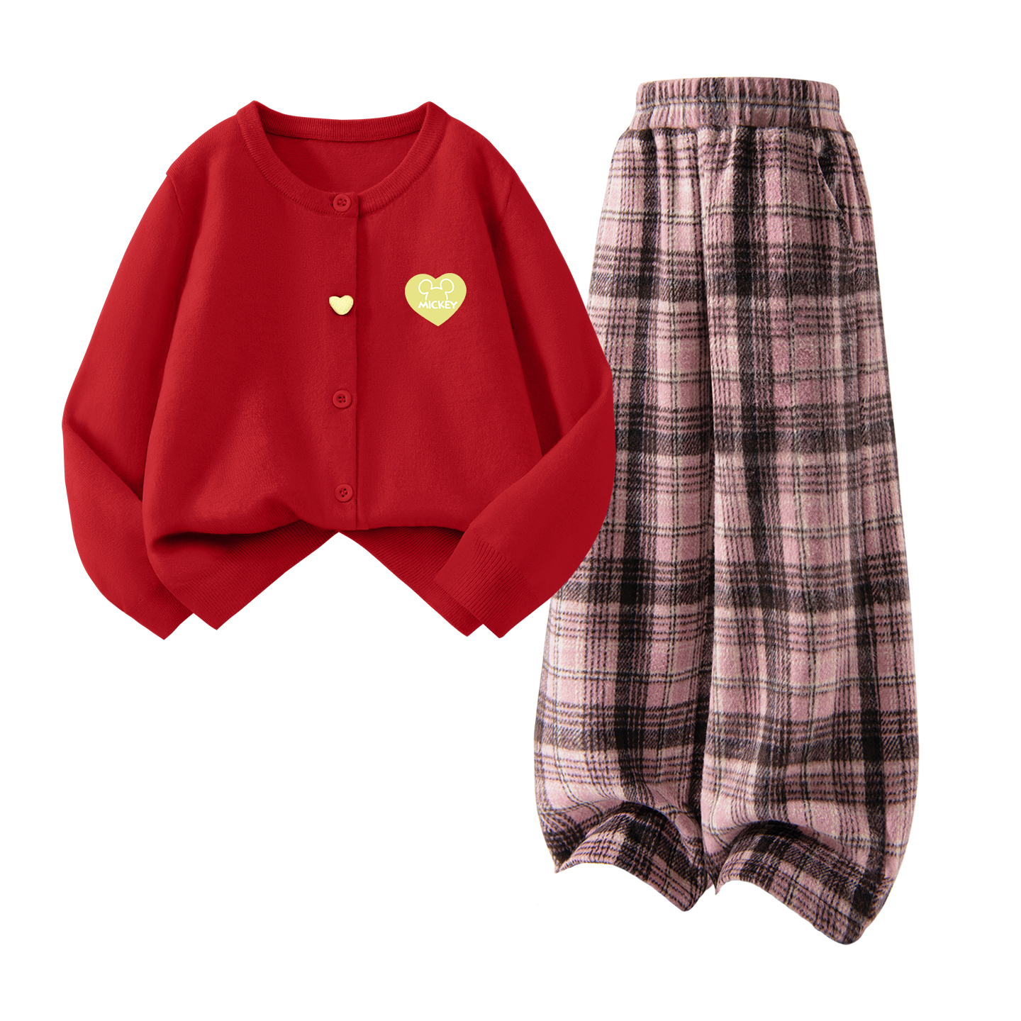 

Детская повседневная спортивная одежда Disney, [Thickened And Fleece-Lined]Dihg Heart-Shaped Hook-And-Loop K Red+Solid Color Pink Plaid