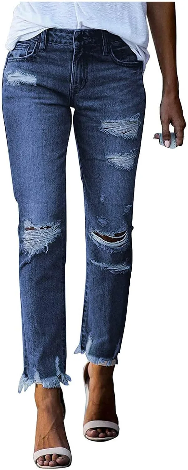 Джинсы женские Ripped High Waisted Stretch Row Hem Distressed Denim Pant