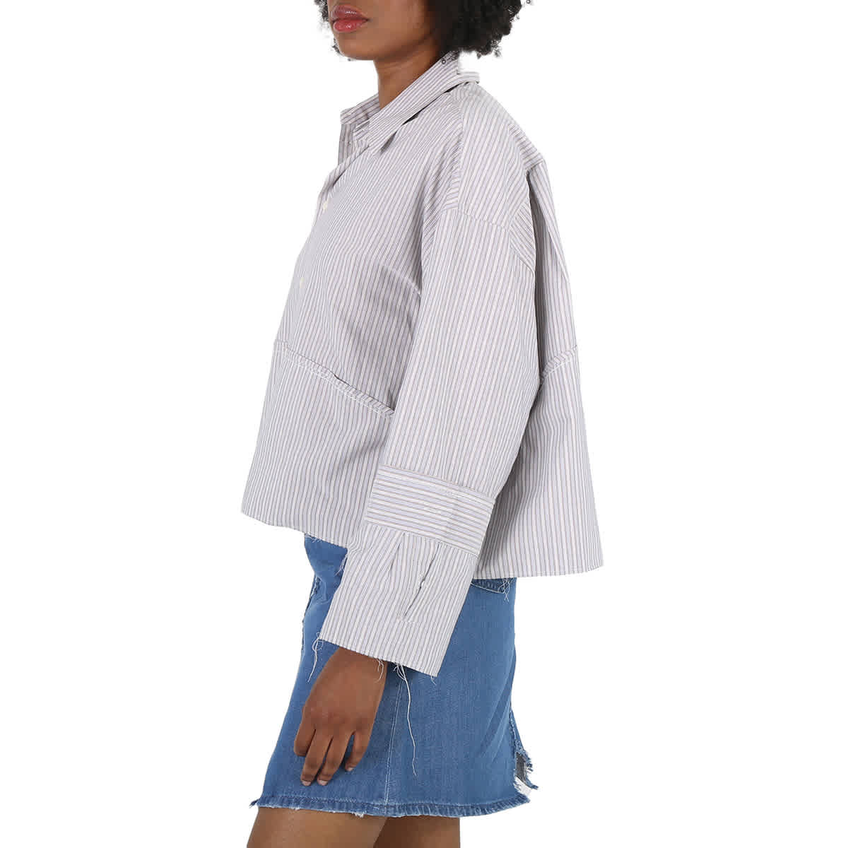 MM6 Maison Margiela Ladies Striped Cotton Cropped Shirt, серый/светло-голубой — фото 2