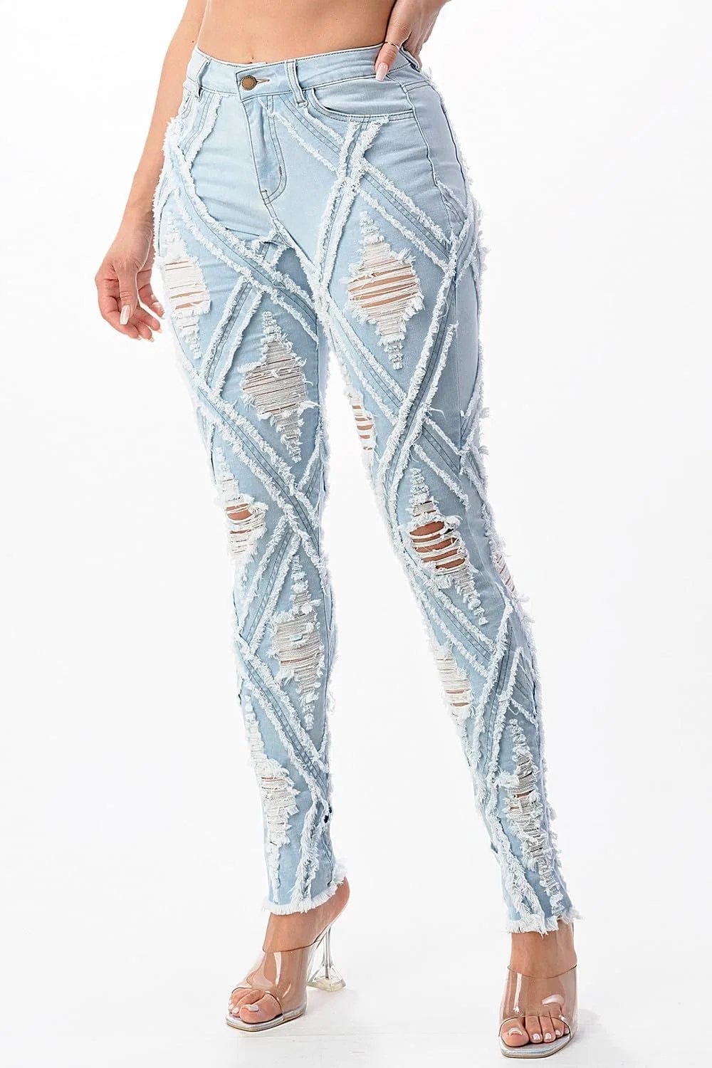 Generic Рваные джинсы Diamond Distressed с потертостями, завышенная талия, светло-голубой и темный деним — фото 4