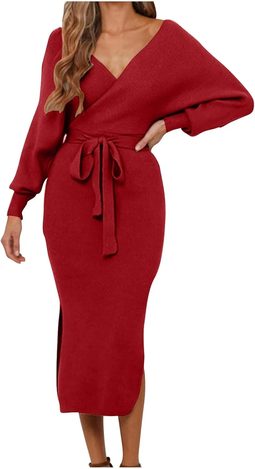 Женское платье-свитер миди с V-образным вырезом, длинными рукавами «летучая мышь», запахом, ребристой вязкой, элегантное платье с открытой спиной и боковым разрезом по низу, с поясом