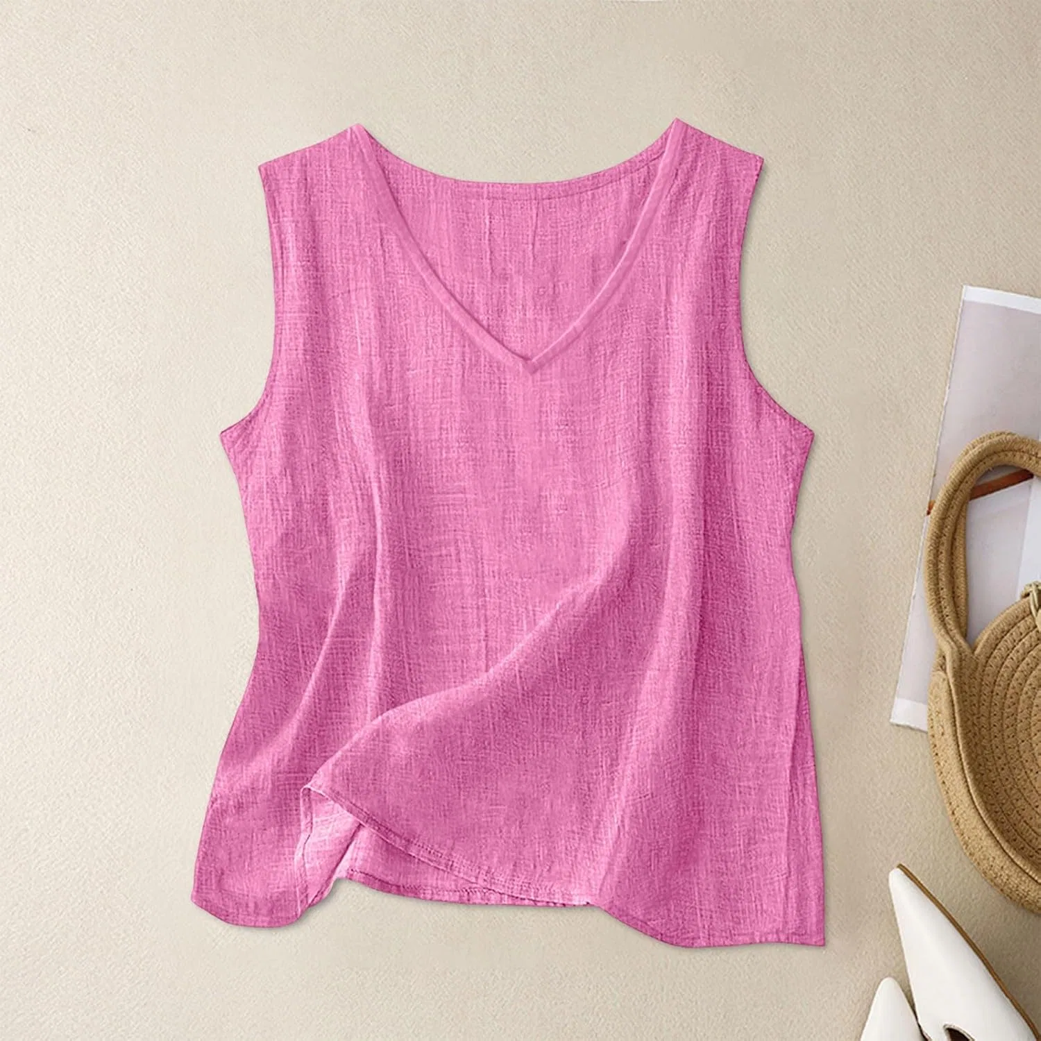 Женский топ без рукавов из хлопка и льна, Hot Pink-11 — фото 2