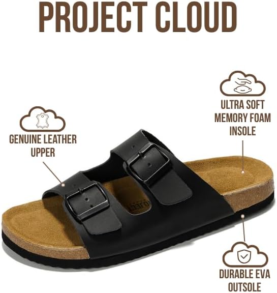 Мужские сандалии Project Cloud из 100 натуральной кожи с амортизирующей стелькой из натуральной пробки, сандалии с двумя ремешками и пряжками, летние нескользящие (Heritage), черный — фото 2