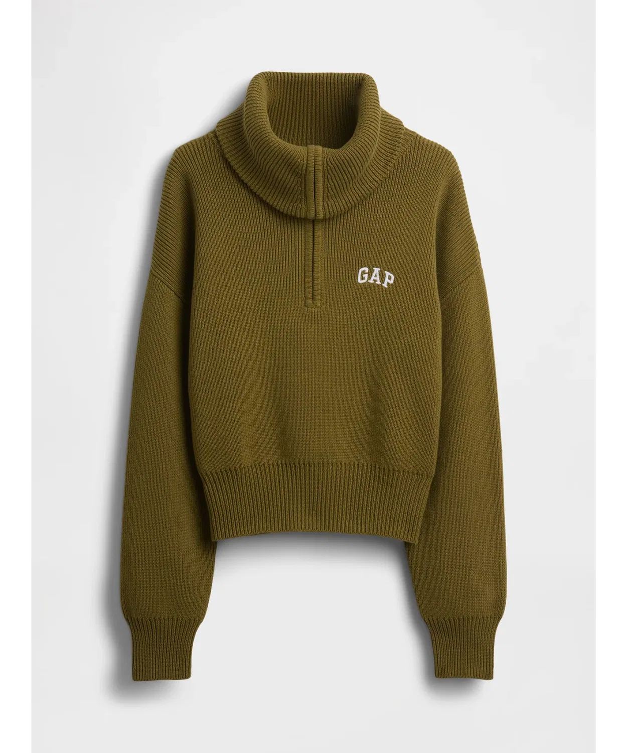 Свитер с полузастёжкой-молнией GAP Relaxed Fit хлопковый укороченный зелёный — фото 3