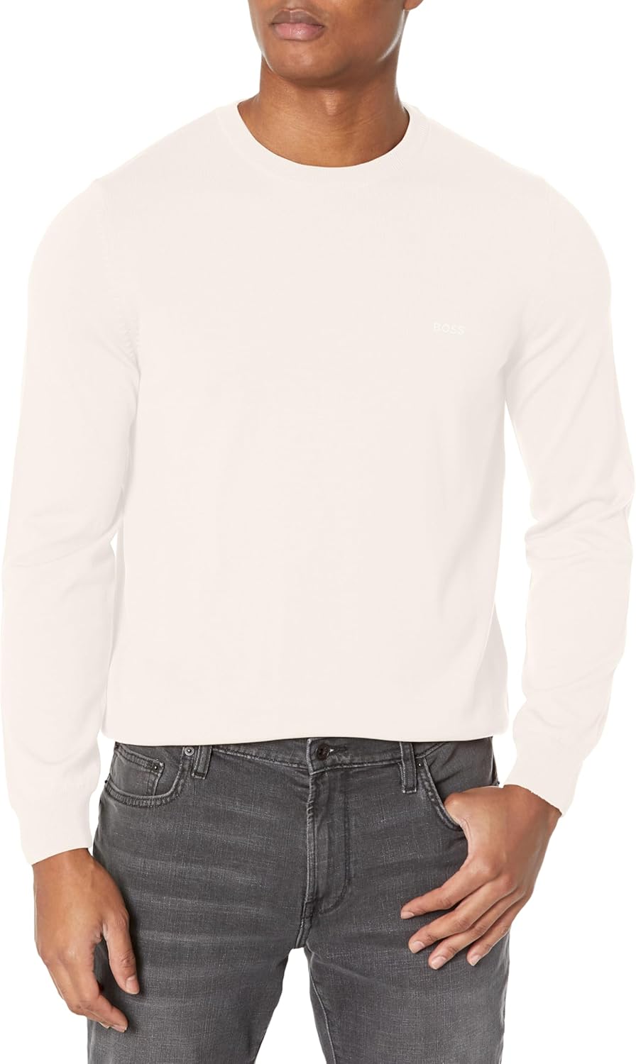 

BOSS Мужской свитер с круглым вырезом и ребристыми манжетами, Almond Milk White