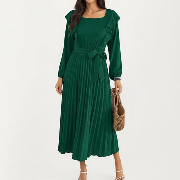 

Женское платье с плиссированной юбкой, рюшами на плечах, поясом и длинными рукавами Anna-Kaci, Green