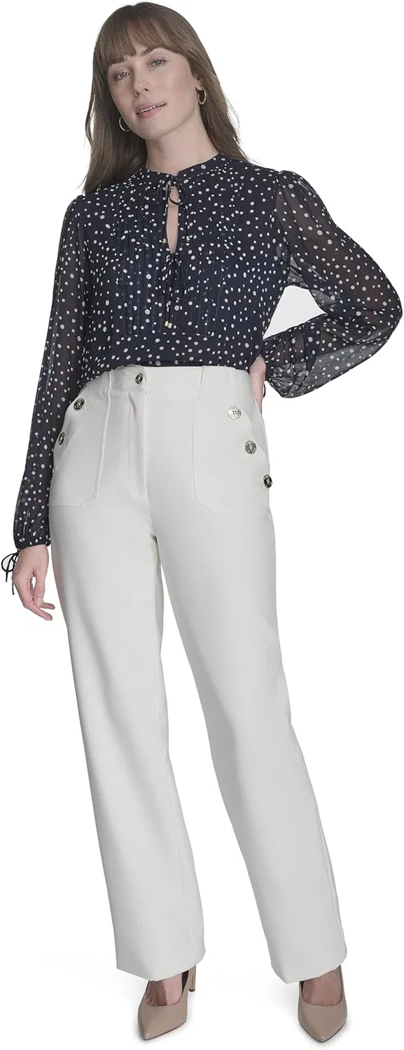 Блуза с принтом в горошек Long Sleeve Dot Print Tie Neck Blouse, Tommy Hilfiger, темно-синий/слоновая кость — фото 2