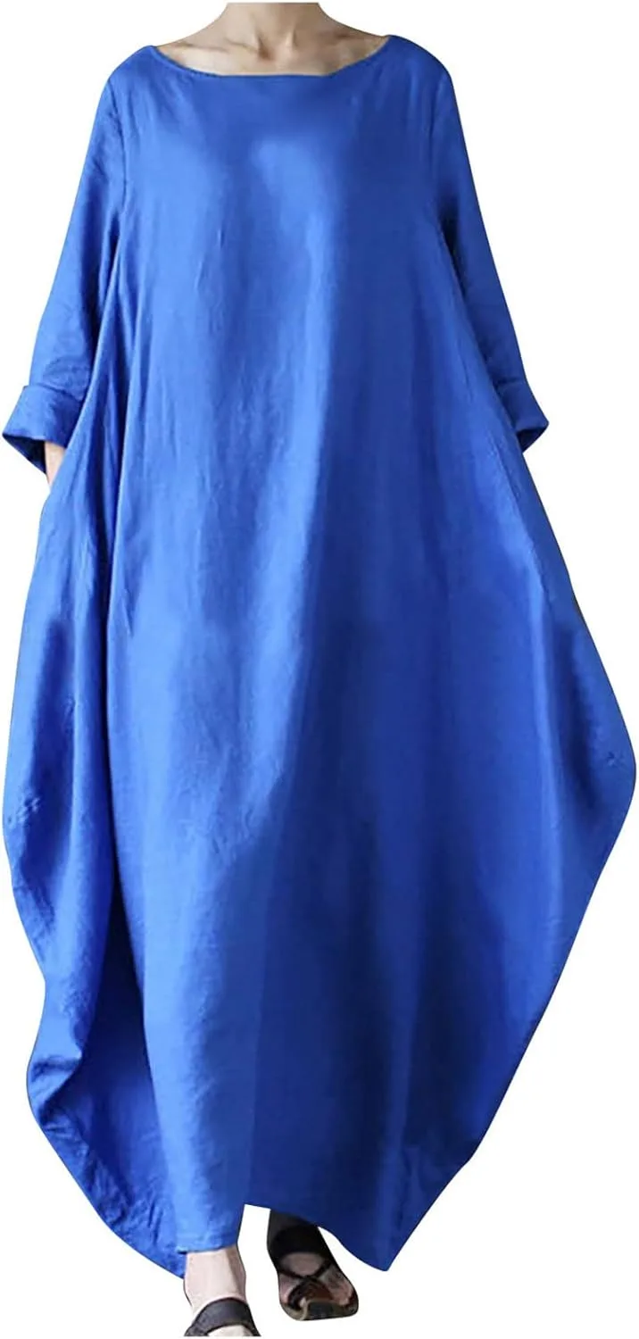 Льняное платье для женщин Oversized летнее с круглым вырезом и длинными рукавами Maxi Boho свободного кроя Plus Size струящееся пляжное сарафан Generic, синий