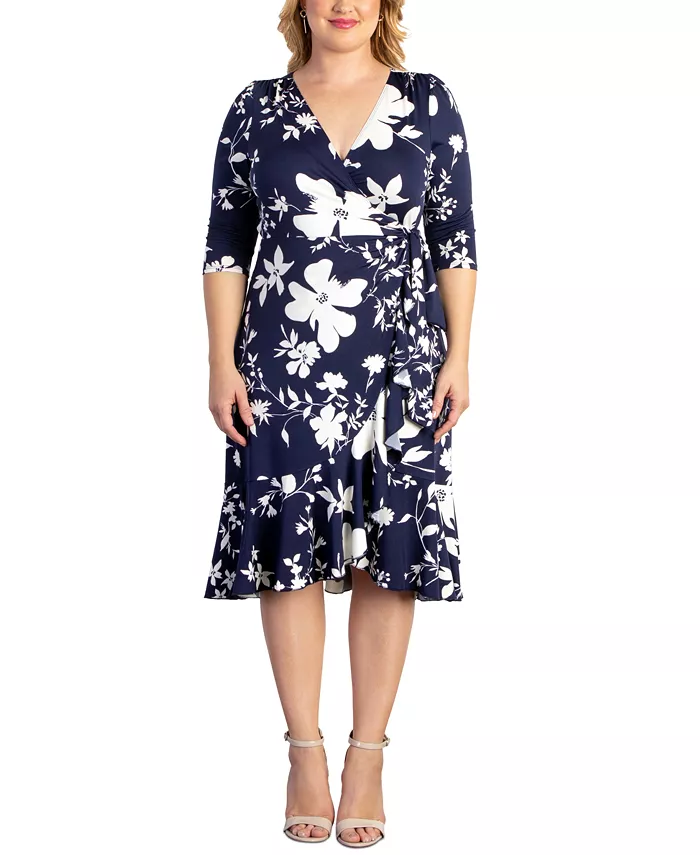 

Платье-миди с запахом и воланами Plus Size Flirty Flounce с рукавами 3/4 Kiyonna, синий