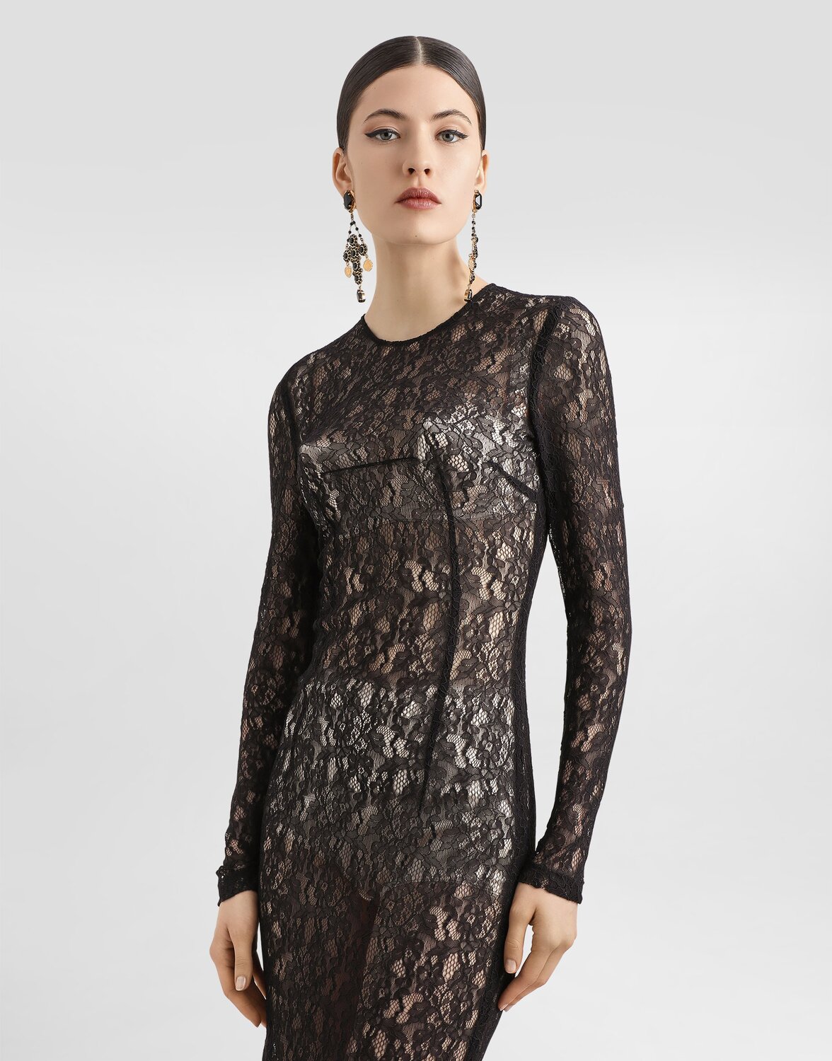 Кружевное платье миди с цветочным узором Dolce & Gabbana, черный — фото 4