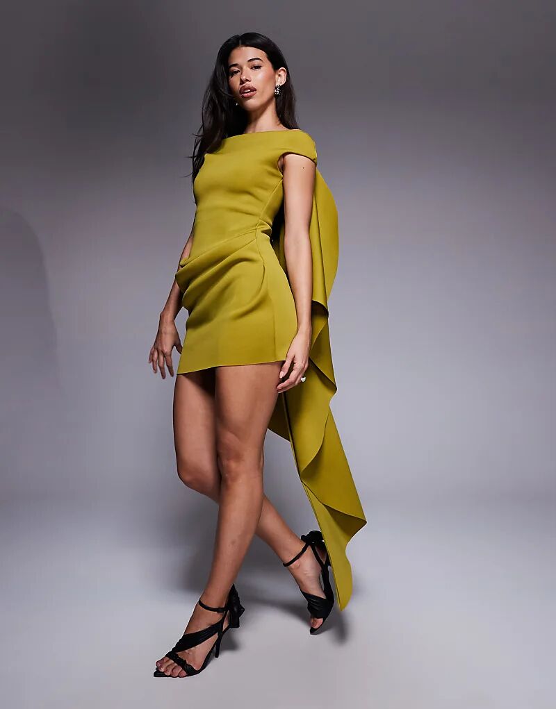 

Мини-платье ASOS DESIGN с вырезом лодочкой и шлейфом оливкового цвета