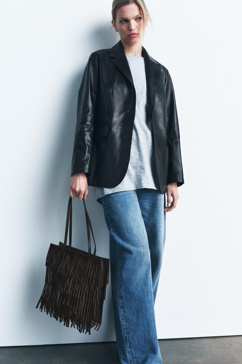 

Кожаная сумка с бахромой ZARA, коричневый