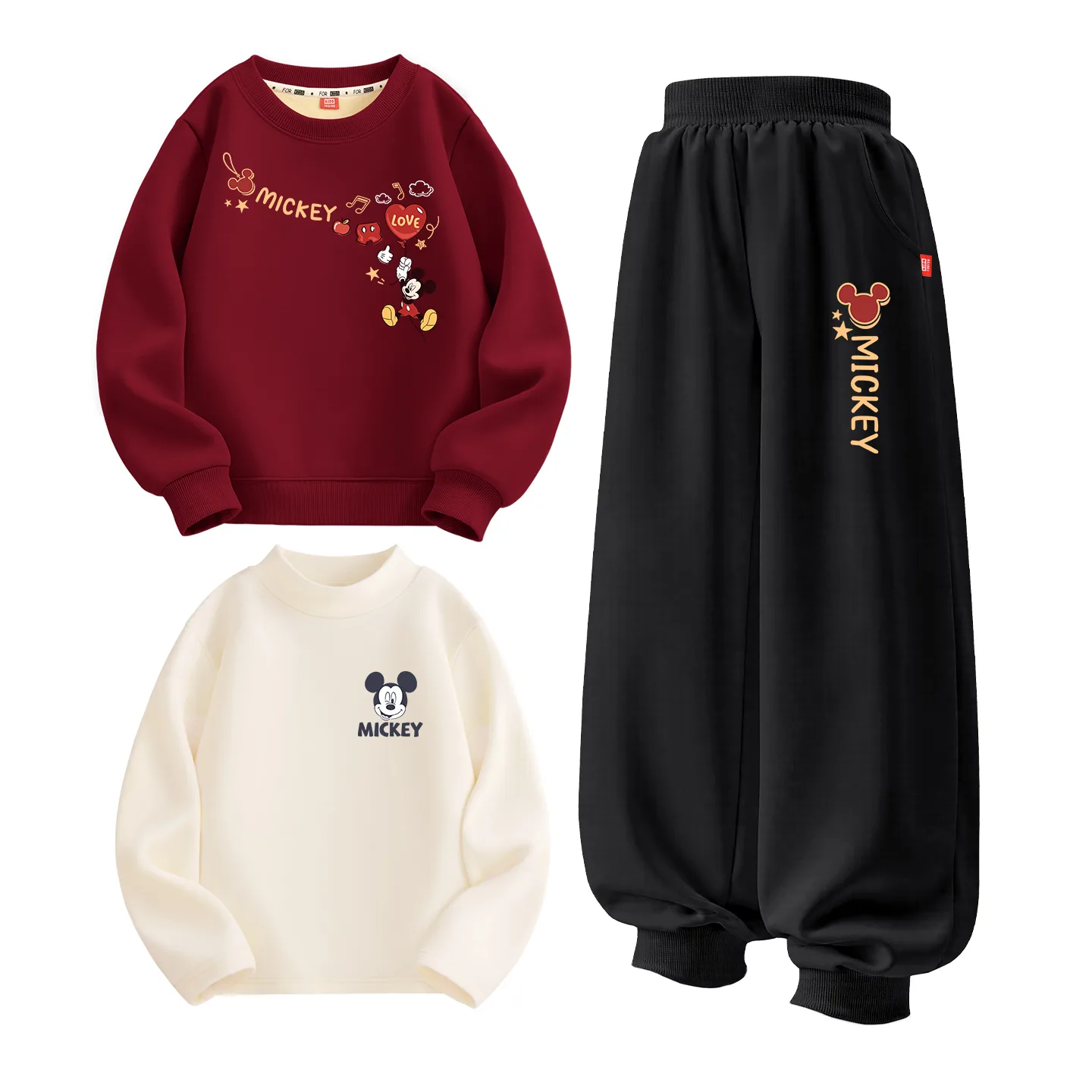 Детская повседневная спортивная одежда утепленная Disney, [Thickened and Fleece-Lined Three-Piece Set]New Year's Gift-Right Upper Burgundy+New Year's Gift K Black+New Year's Gift K Milk White