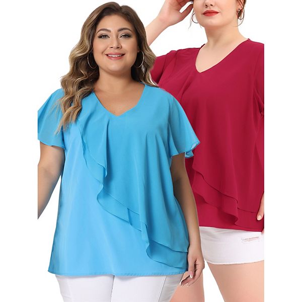 

Блузка с рюшами на рукавах и V-образным вырезом для женщин plus size Agnes Orinda, Burgundy Blue