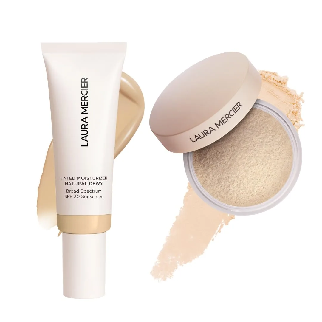 Laura Mercier тонирующий увлажняющий крем Natural Dewy SPF 30, 24-часовая гидратация, оттенок 1W Blonde и рассыпчатая пудра Translucent Loose Talc-Free Setting Powder Ultra-Blur с гиалуроновой кислотой, оттенок Translucent, набор