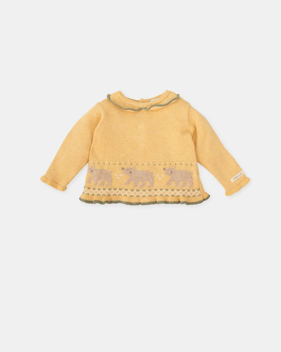 

Вязаный джемпер для младенца с медвежатами цвета горчицы Tutto Piccolo