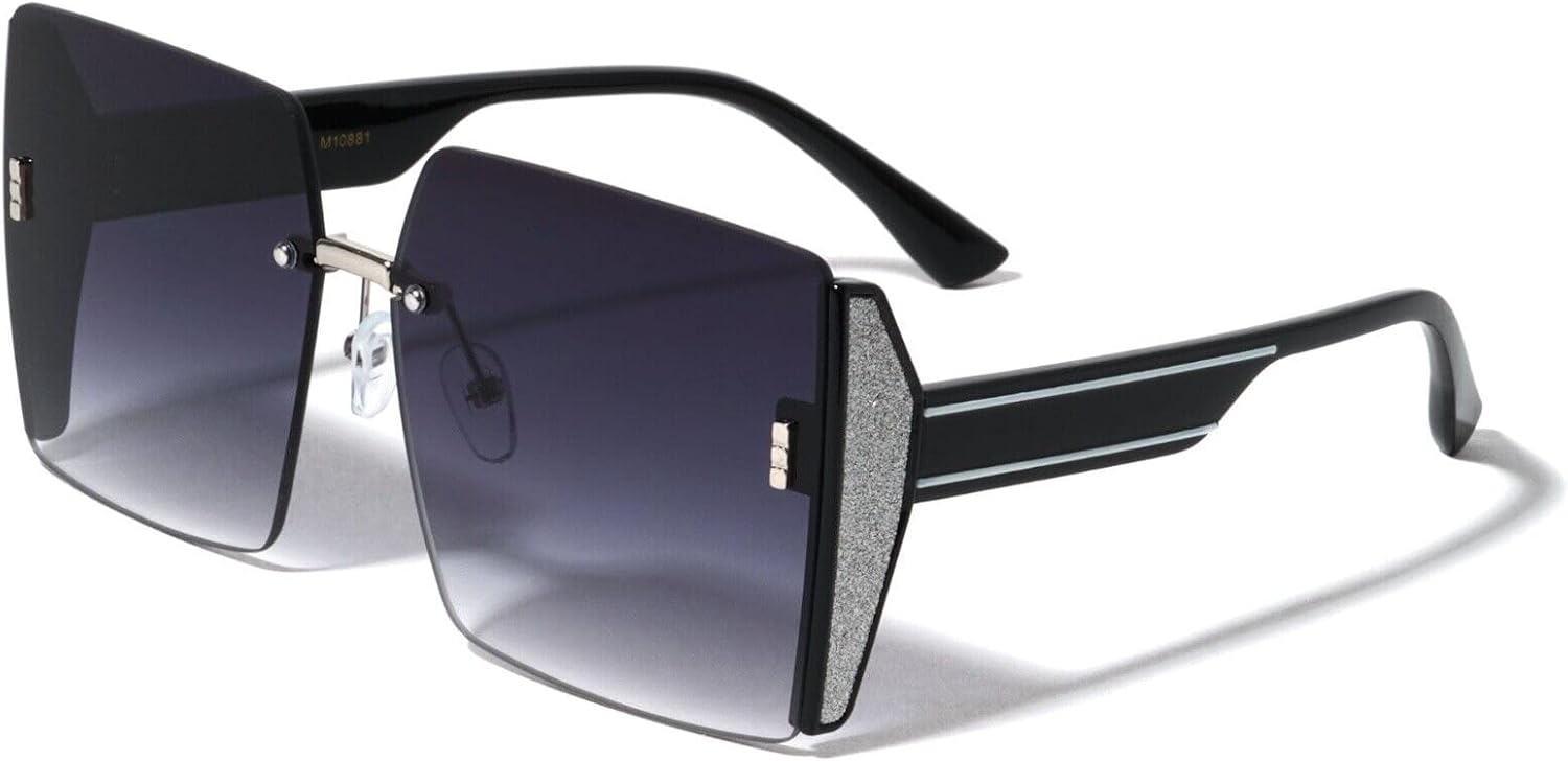 

Женские солнцезащитные очки Dweebzilla увеличенного квадратного размера без оправы с блестками и подвеской в ​​виде бабочки, Black & White Frame - Black Gradient Lenses