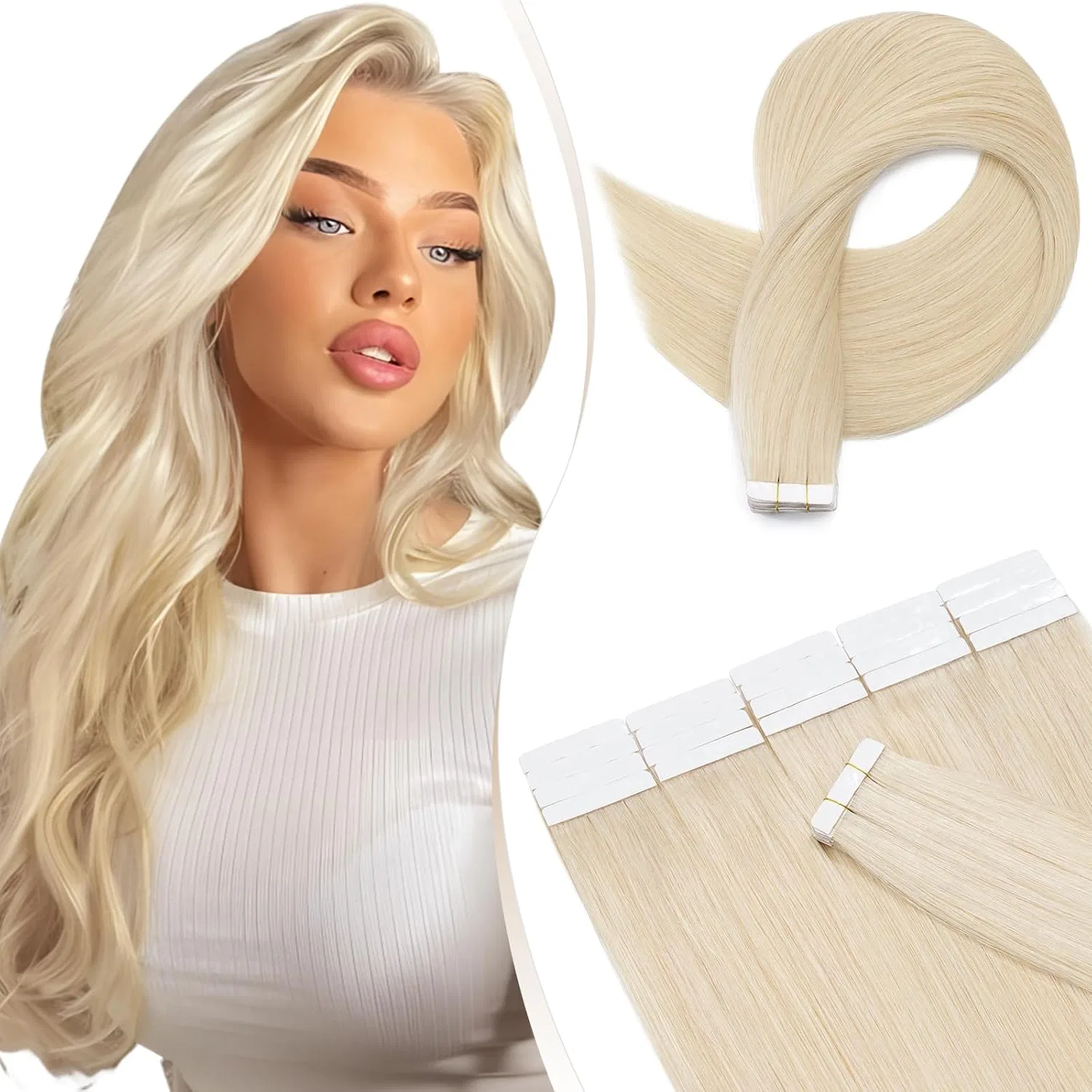 Натуральные накладные волосы Elailite Tape-In, 30 см, платиновый блонд Elailite, #60 Platinum Blonde