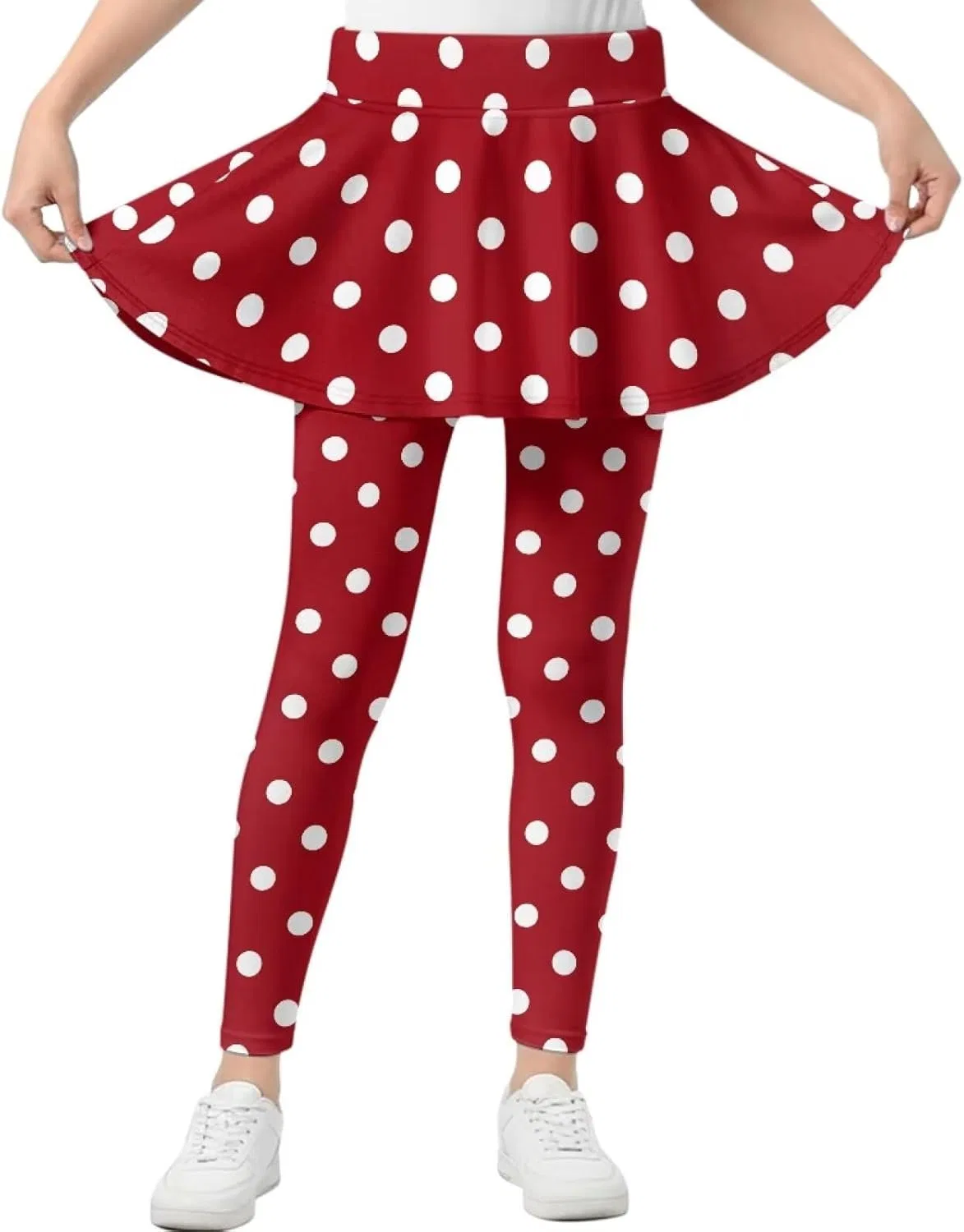 Леггинсы с юбкой для девочек Hresuewn, 2-в-1, цвет White Polka Dot-burgundy