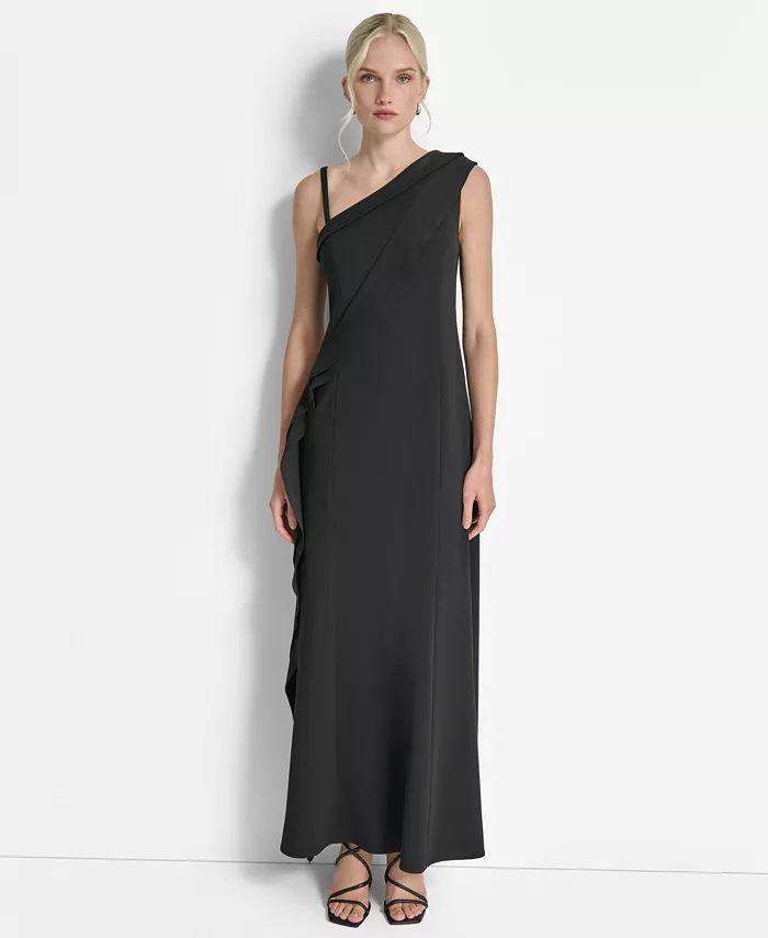

Женское платье с одним плечом, разрезом сбоку и рюшами DKNY, черный