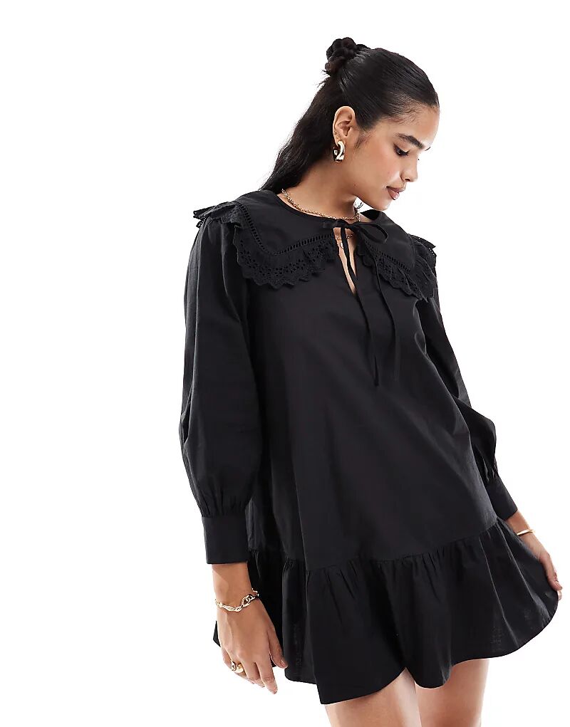 

Мини-платье-халат с воротником-шортами из поплина черного цвета Miss Selfridge
