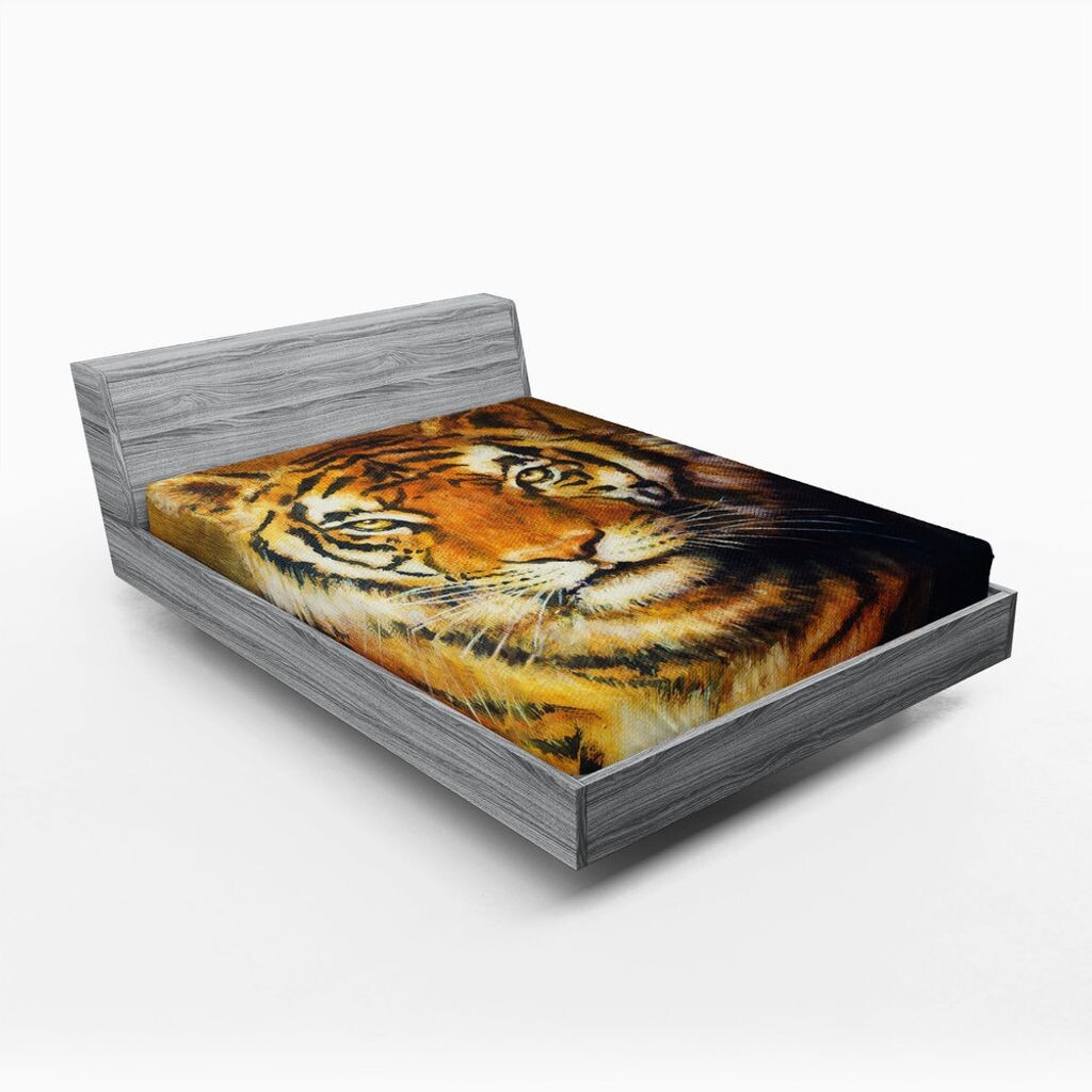 

ABAKUHAUS Tiger Простыня на подгонке, стиль живописи маслом Big Cat Targeted Eyes Carnivore Bengal Feline of East, 90 x 190 см, Черный Бледно-коричневый