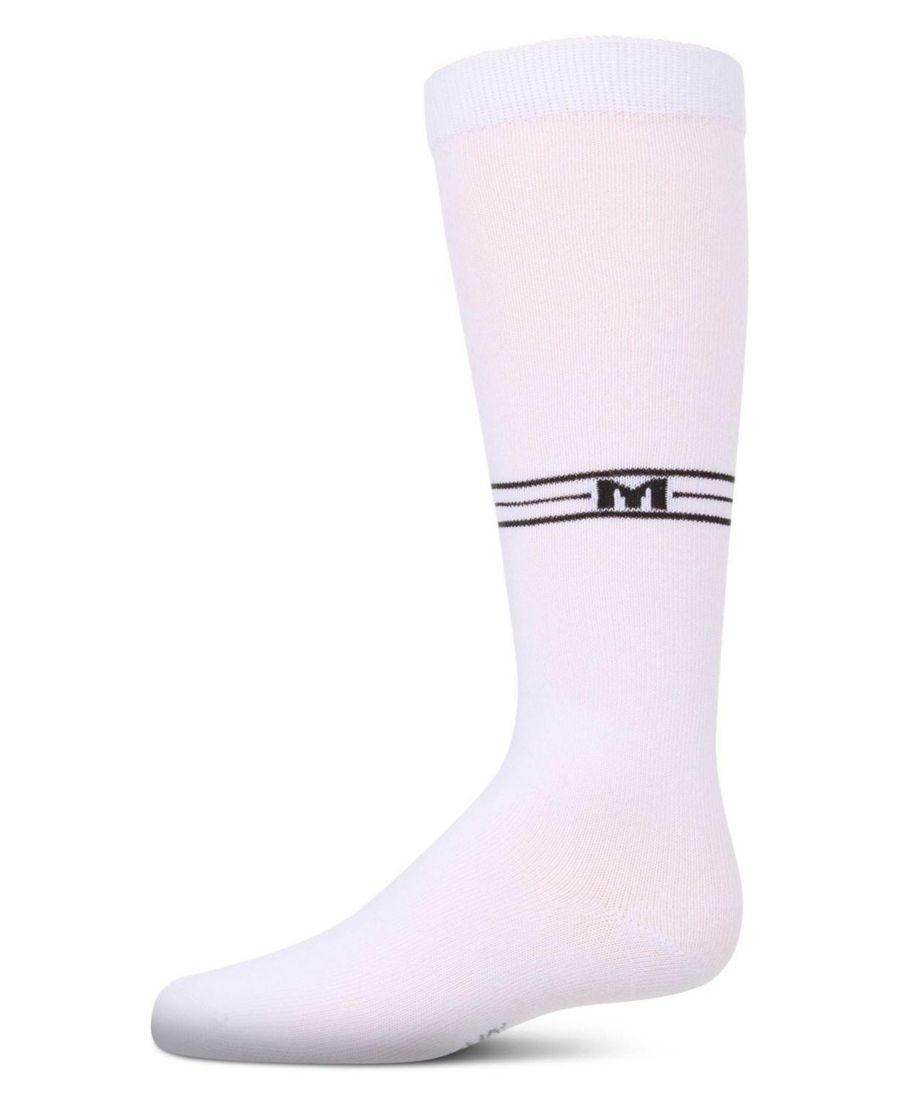 

Детские хлопковые эластичные носки до колена с разноцветными полосками и графическим рисунком "M" MeMoi, White