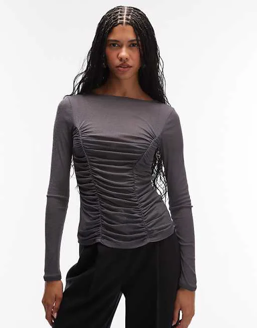 

Темно-серый топ с длинными рукавами и лифом со сборками ASOS DESIGN