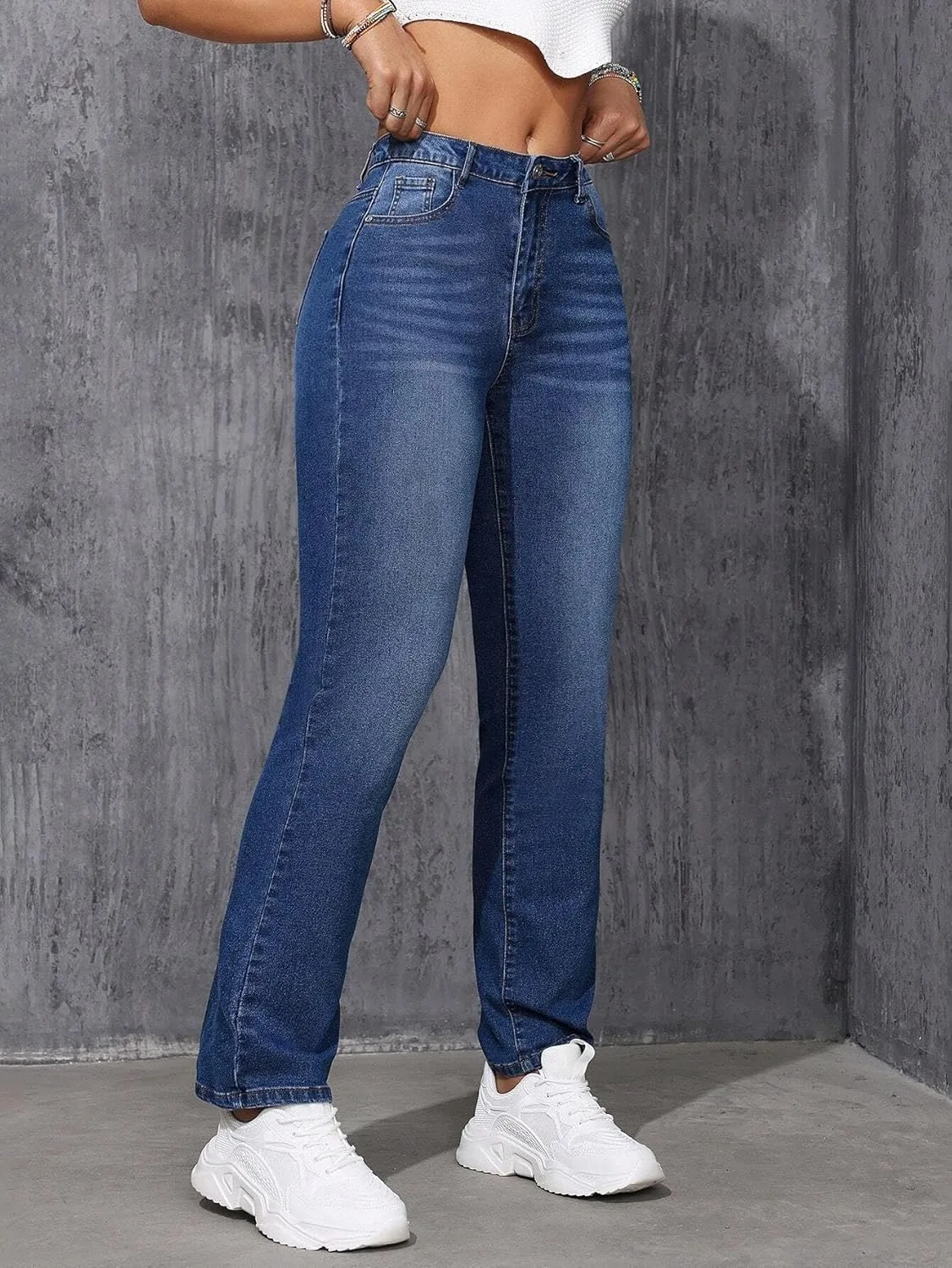Женские классические джинсы прямого кроя с эффектом потертости Generic, Dark Wash — фото 4