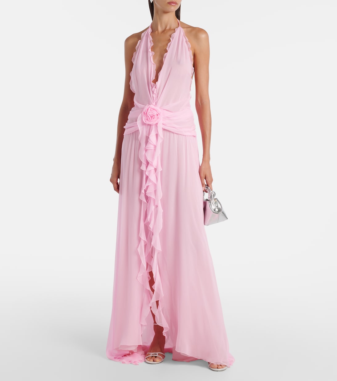 Платье макси из шелкового жоржета с оборками Blumarine, Flamingo Pink — фото 2