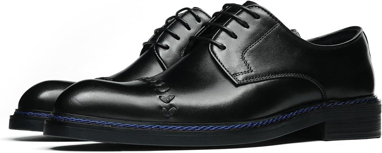 

Мужские классические туфли Santimon из натуральной кожи Oxfords - ручная прострочка, простой носок, шнуровка Derby с полированной верхней частью и амортизированной стелькой - для бизнес-кэжуал, работы и свадьбы, черный