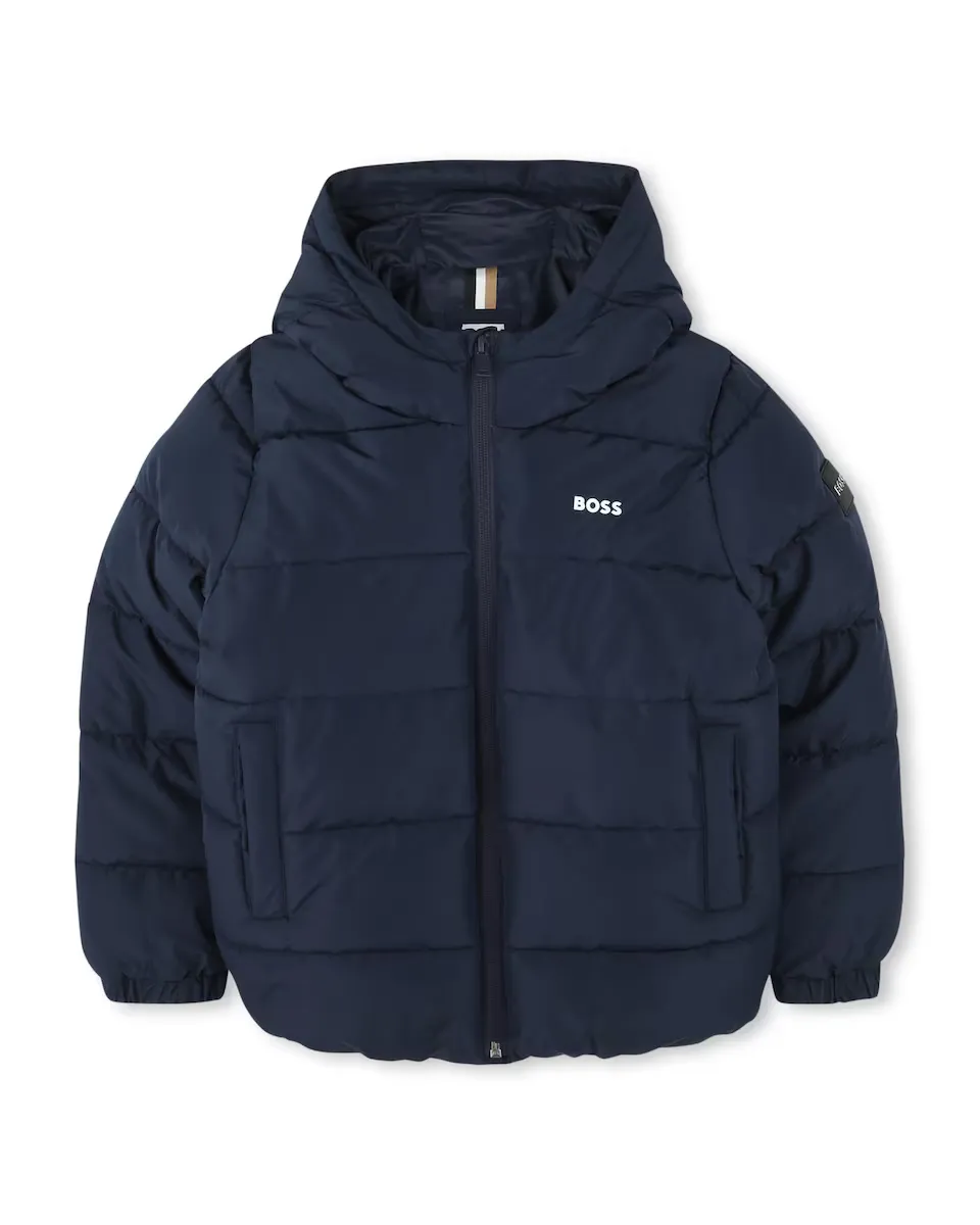 

Пуховик для мальчика с капюшоном и застежкой-молнией BOSS Kidswear, темно-синий