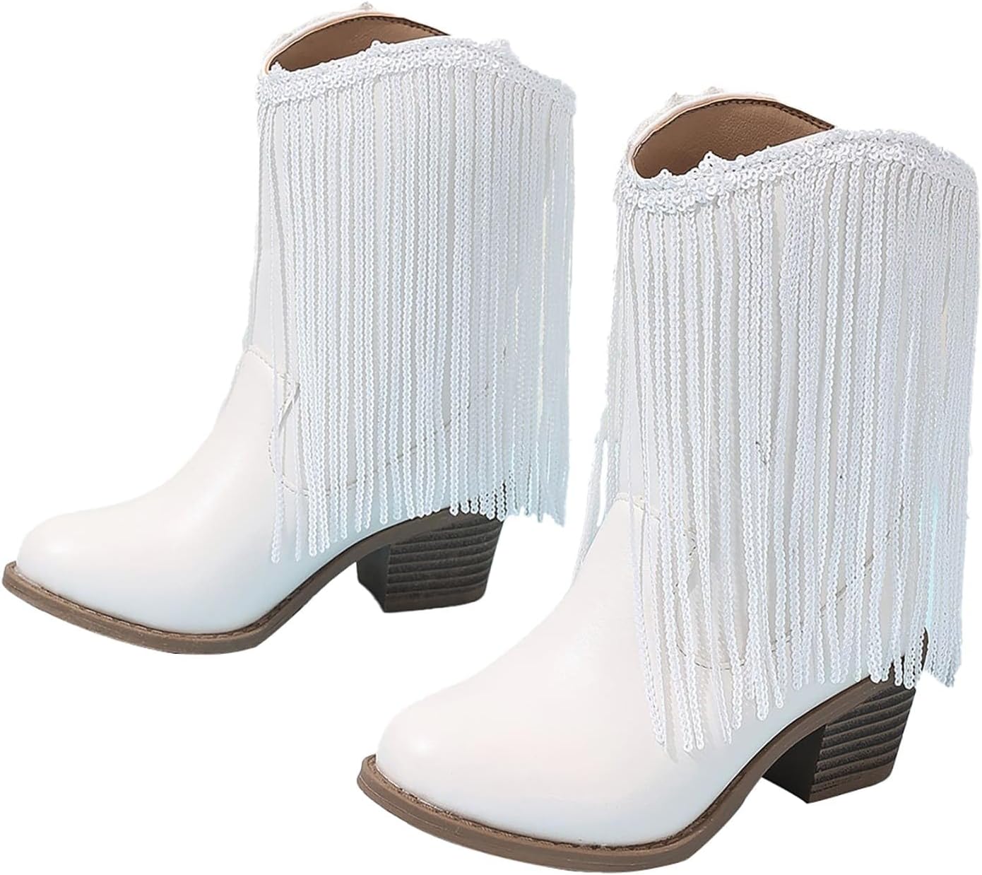 

Детские ковбойские сапоги для девочек с бахромой, с западным дизайном, массивным каблуком, кисточками, средней голенью, с заостренным носком для верховой езды JEUROT, White