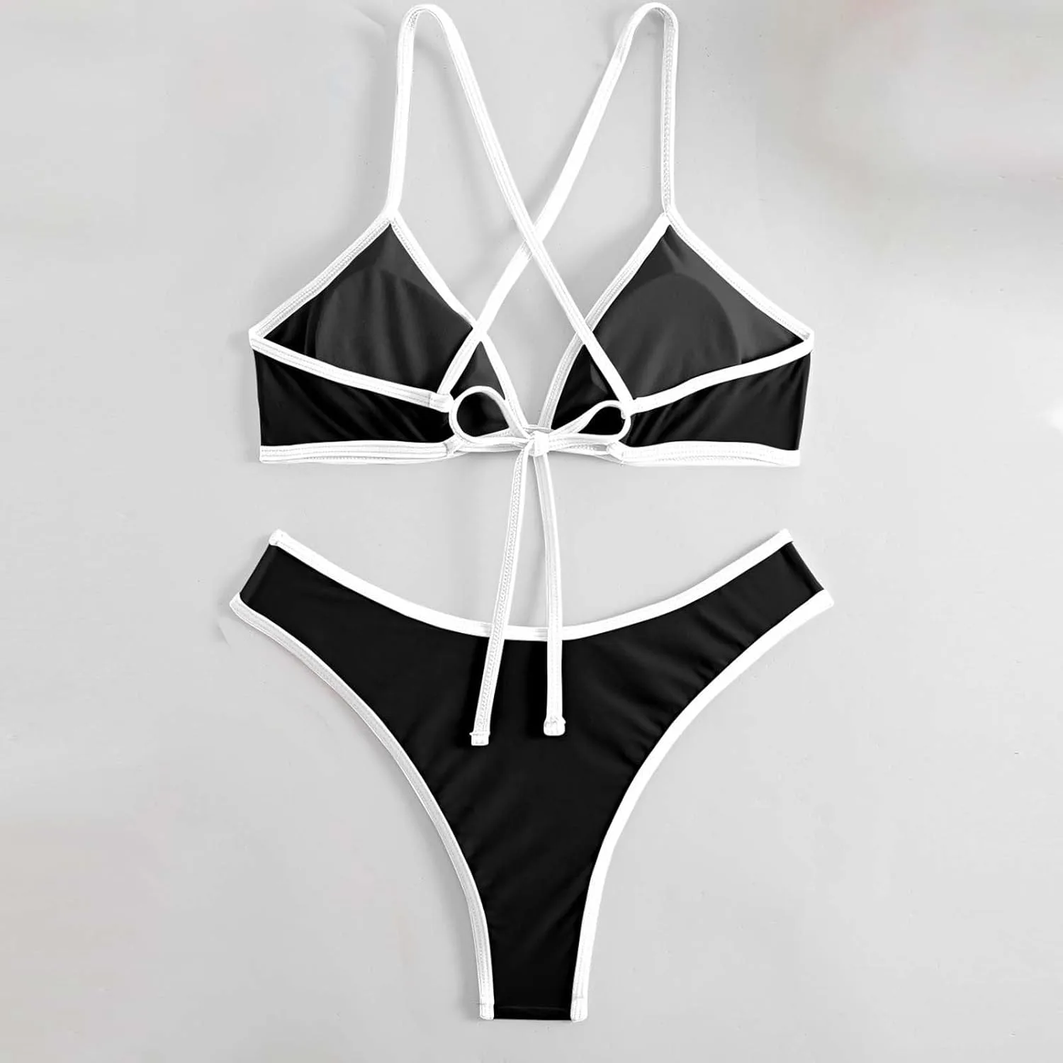 Комплекты бикини для женщин 2025: купальник с высокой талией, эффектом пуш-ап, V-образным вырезом и завязками на спине, с цветовыми блоками, сексуальный купальник из двух частей с подкладкой Generic, черный — фото 4