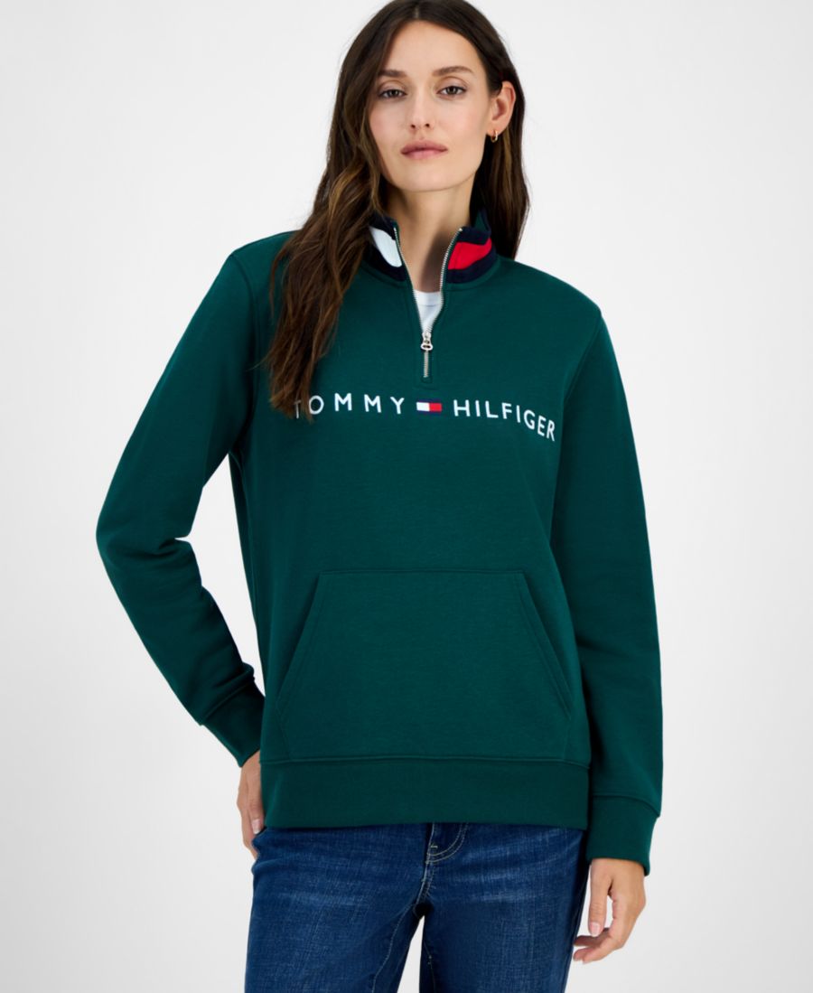 

Женская толстовка на молнии до середины груди с вышитым логотипом Tommy Hilfiger, Forest Green