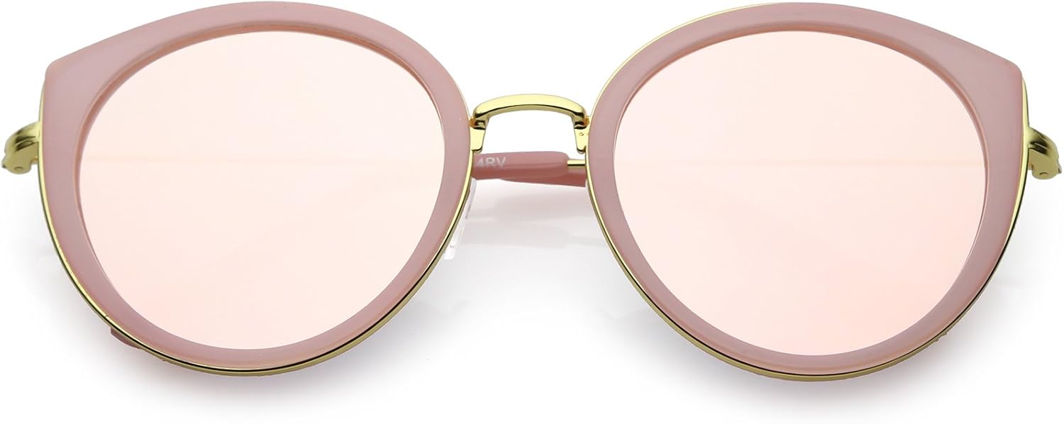 

zeroUV - Современные солнцезащитные очки в форме «кошачий глаз» с круглыми цветными зеркальными линзами и металлическим ободком, диаметр линз 53 мм, Pink Gold / Pink Mirror