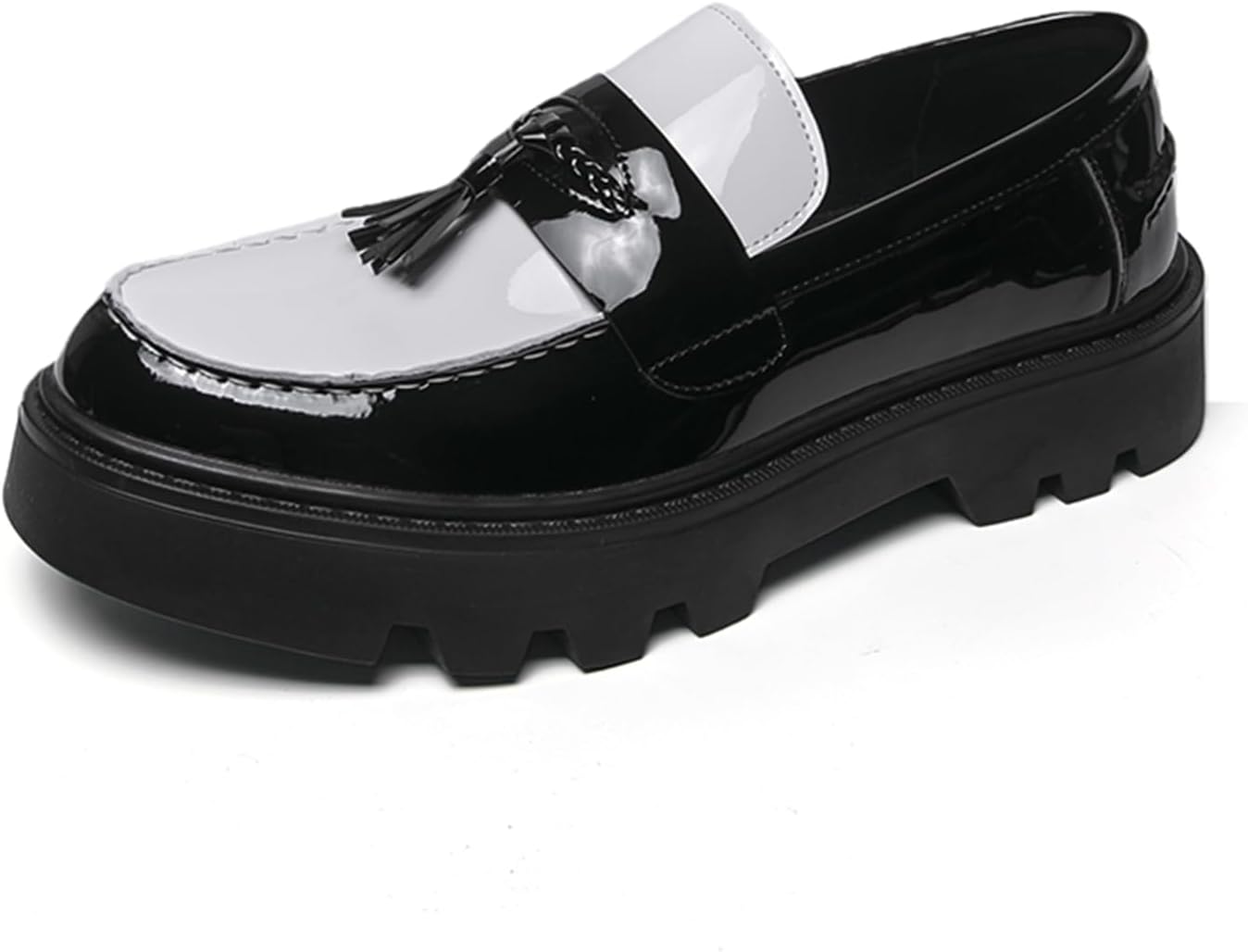 

Мужские лоферы-слипоны черного и белого цвета из лакированной кожи с кисточками, платформой, круглым носком, контрастной отделкой и массивным каблуком, классические туфли для вечеринок, свадеб и официальных мероприятий Tengfeifly