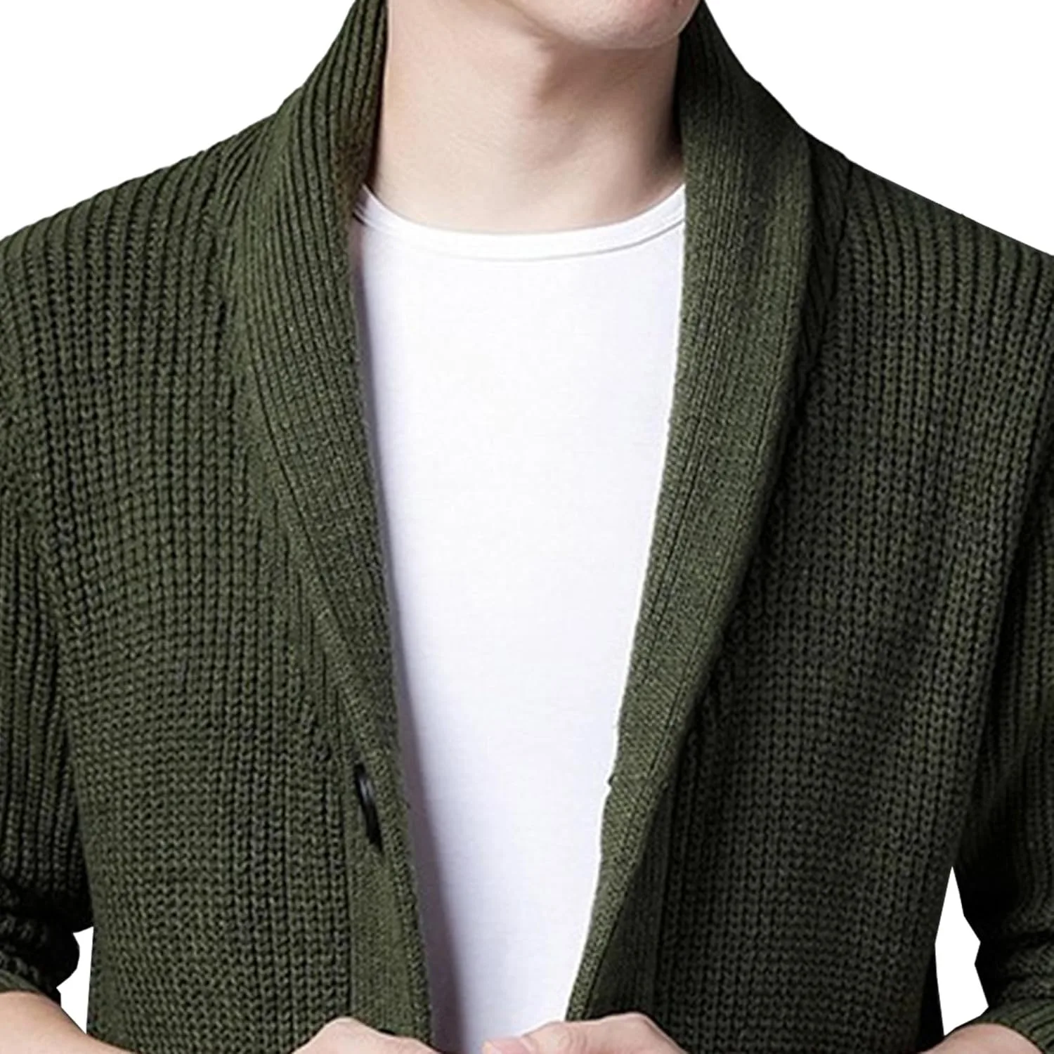 Мужской кардиган с воротником шаль, slim fit, кабельная вязка, с карманами — фото 4