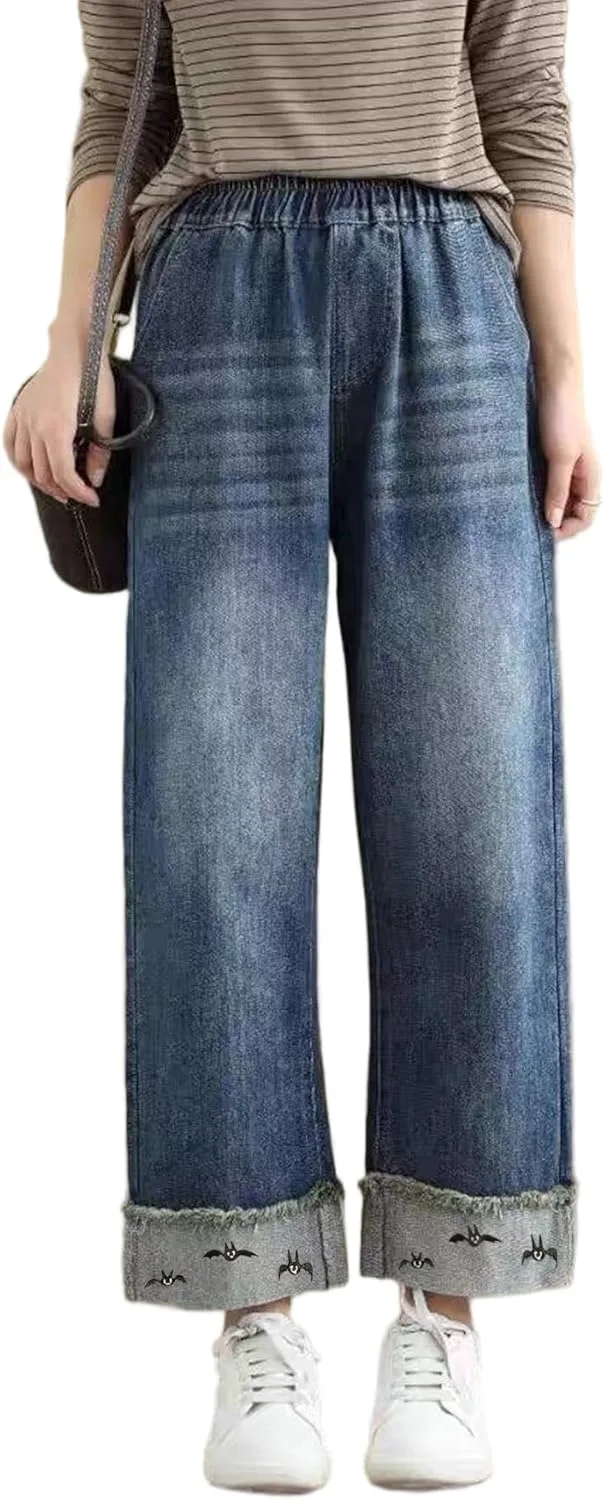 

Женские джинсы Mid-Rise с высокой талией и широкими штанинами Halloween Embroidery Tozamil