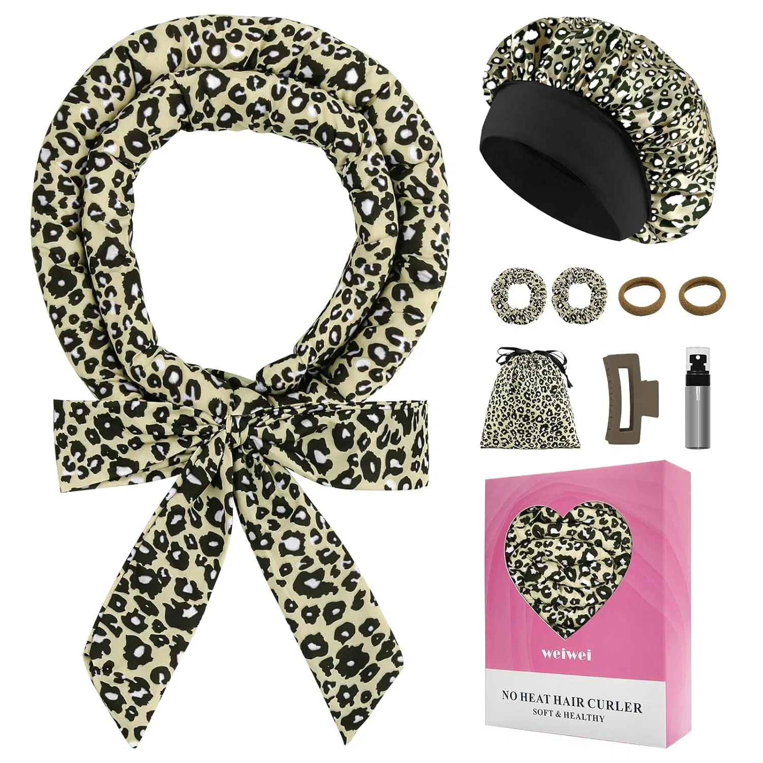 Набор атласных бигуди для завивки волос без нагрева Baolivi, White Leopard Print