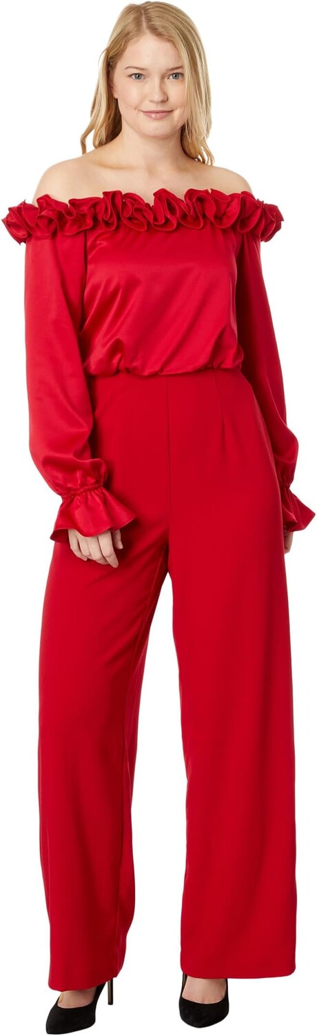 

Комбинезон Adrianna Papell Satin Crepe Off the Shoulder Rosette Jumpsuit, цвет Hot Ruby