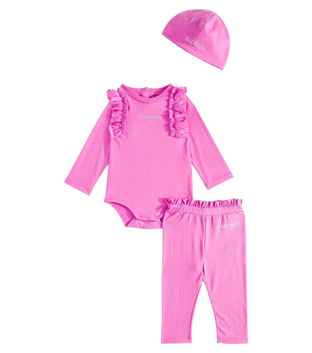 

Детский хлопковый комплект из боди, штанов и шапочки Balmain Kids, цвет fuchsia