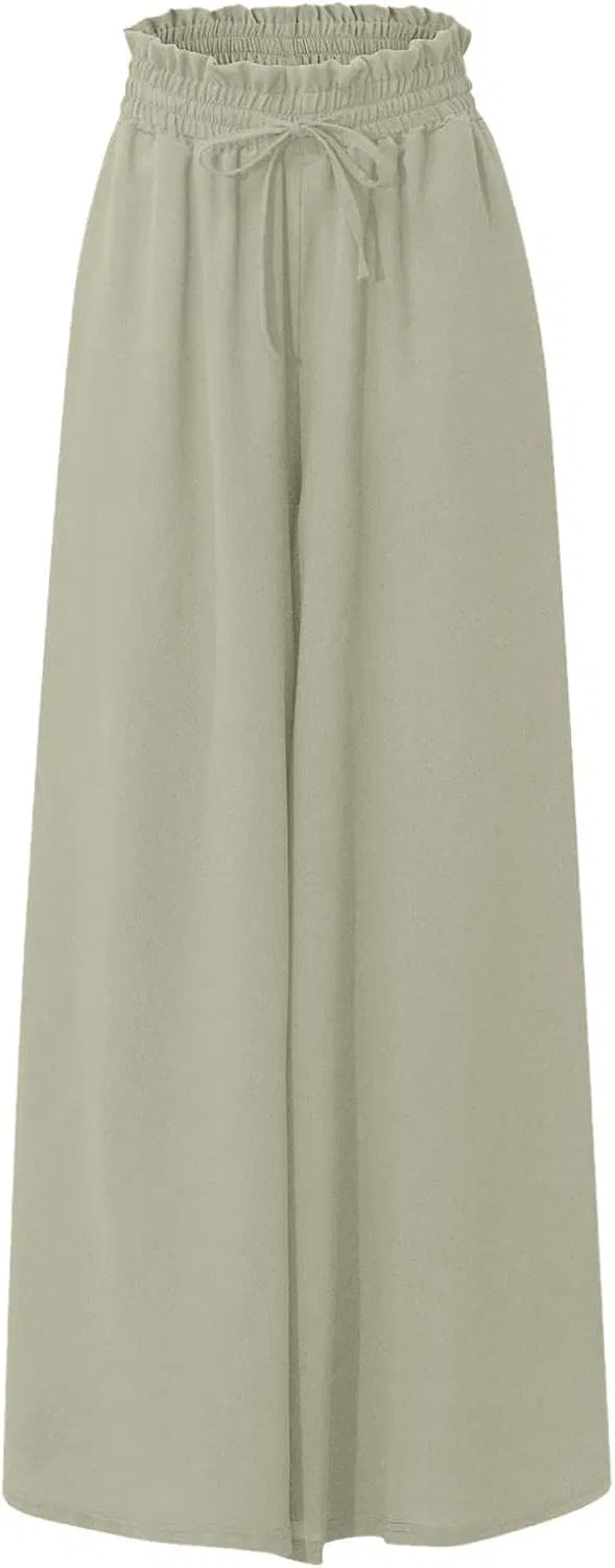 Женские брюки Flowy Pants с широкими штанинами и эластичным поясом, однотонные повседневные легкие брюки для отдыха Generic, зеленый — фото 4
